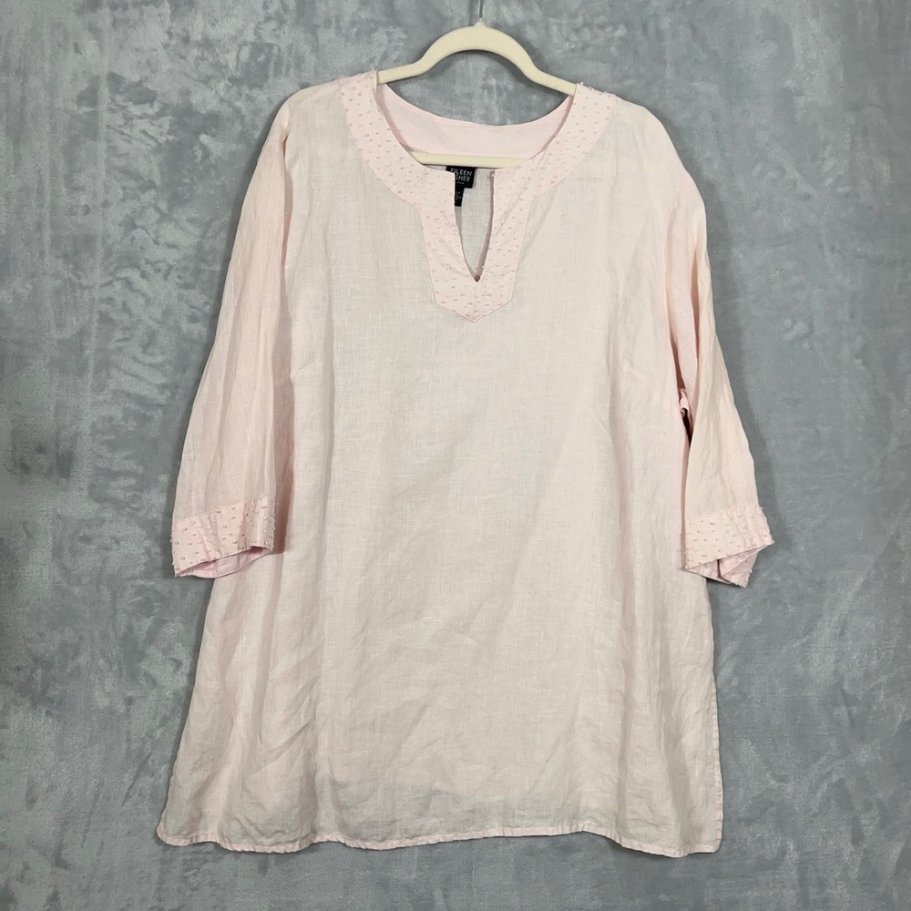 Eileen Fisher Women 2X Pink Irish Linen Tunic Popover 3/4 Sleeve Coastal Minimal